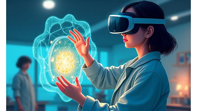 VR 헤드셋을 착용한 학생이 가상현실 속 생물체를 관찰하는 모습